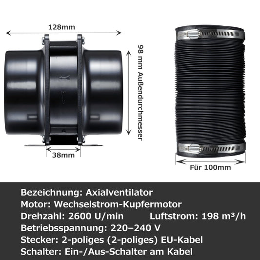 Ø100mm Axial Tube Fan, Exhaust Fan Duct Fan with On-Off Switch, 2m Duct Hose for Garage, Office, Grow Tent