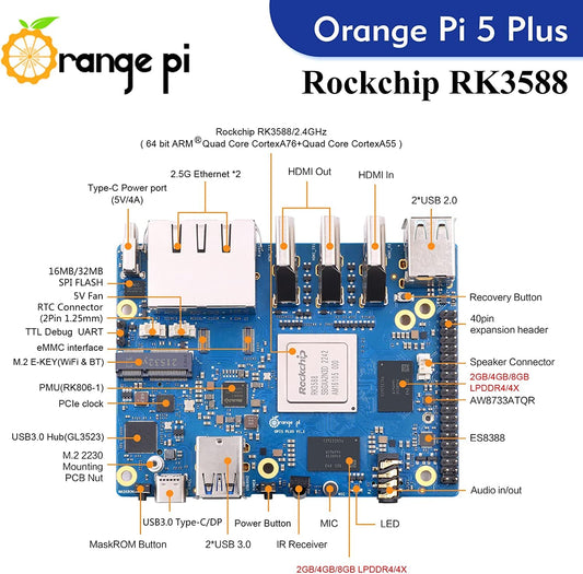 GeekPi Orange Pi 5 Plus 16GB LPDDR4/4x Rockchip RK3588 8-Core 64-Bit Single Board Computer with eMMC Socket, OPi 5 Plus Metal Case with Fan, Official OPi 5V 4A Power Supply for Orange Pi 5 Plus