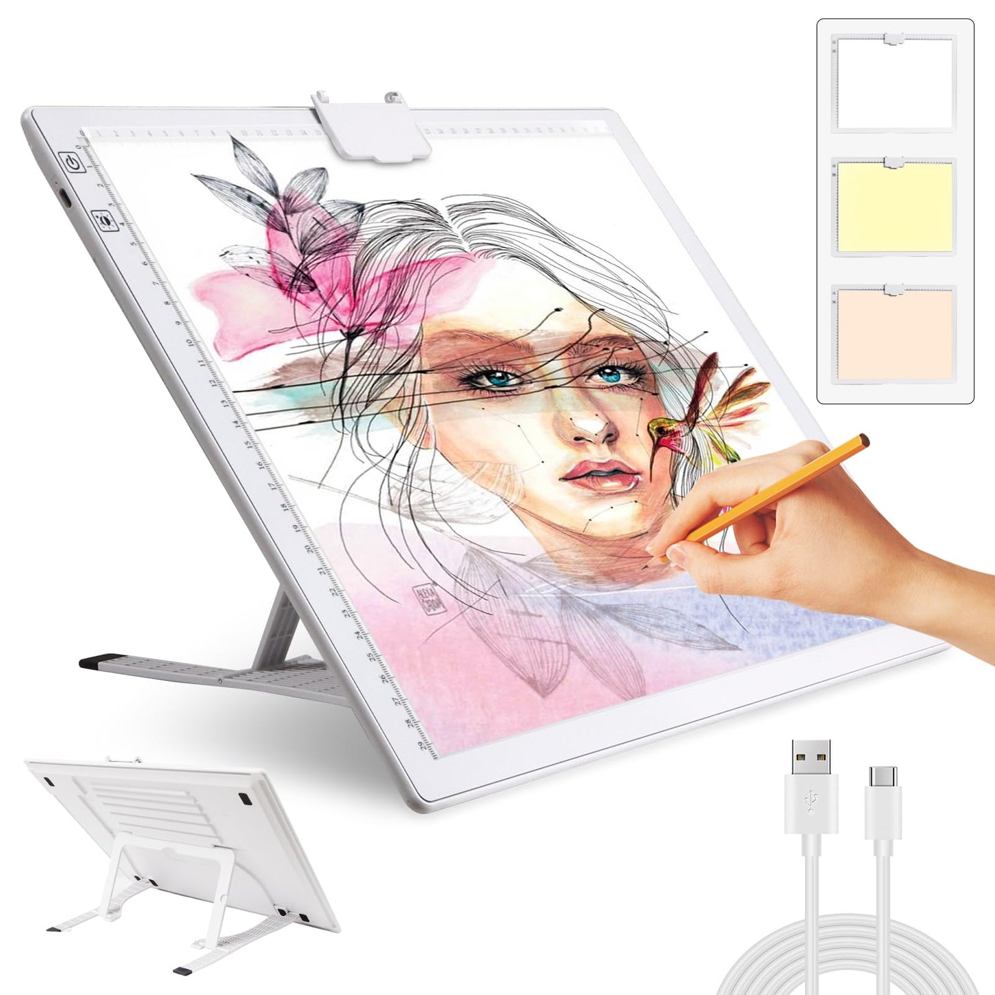 A3 light table, rechargeable LED light pad with 3 color modes and 6 brightness levels. Ideal for tracing, diamond painting, drawing, and sketching.