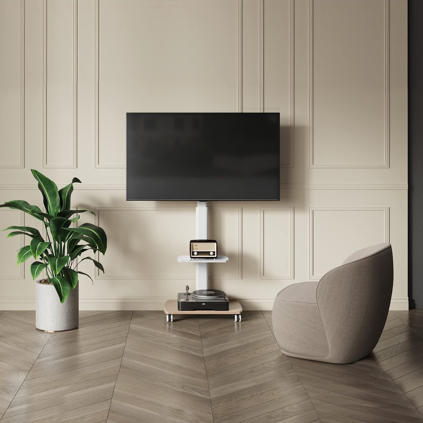 FITUEYES TV floor stand with wooden shelf TV stand base TV stand television stand with wheels height adjustable swivel for 32 to 70 inch flat screen up to 40kg. Max. VESA. 400 * 600.