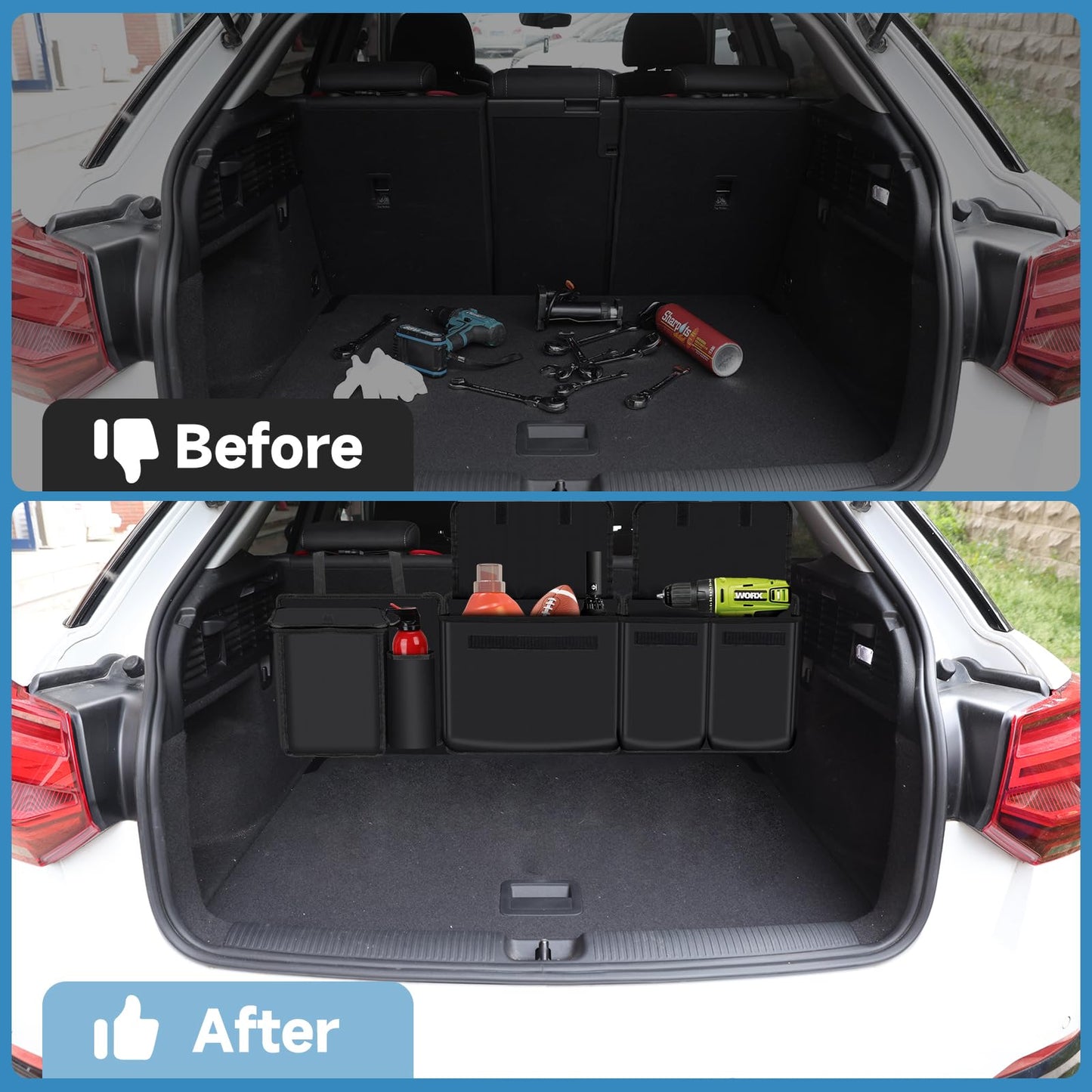 One in-car trunk organizer, car storage bag with Velcro trunk pockets foldable, removable storage modules with built-in cooler (black)