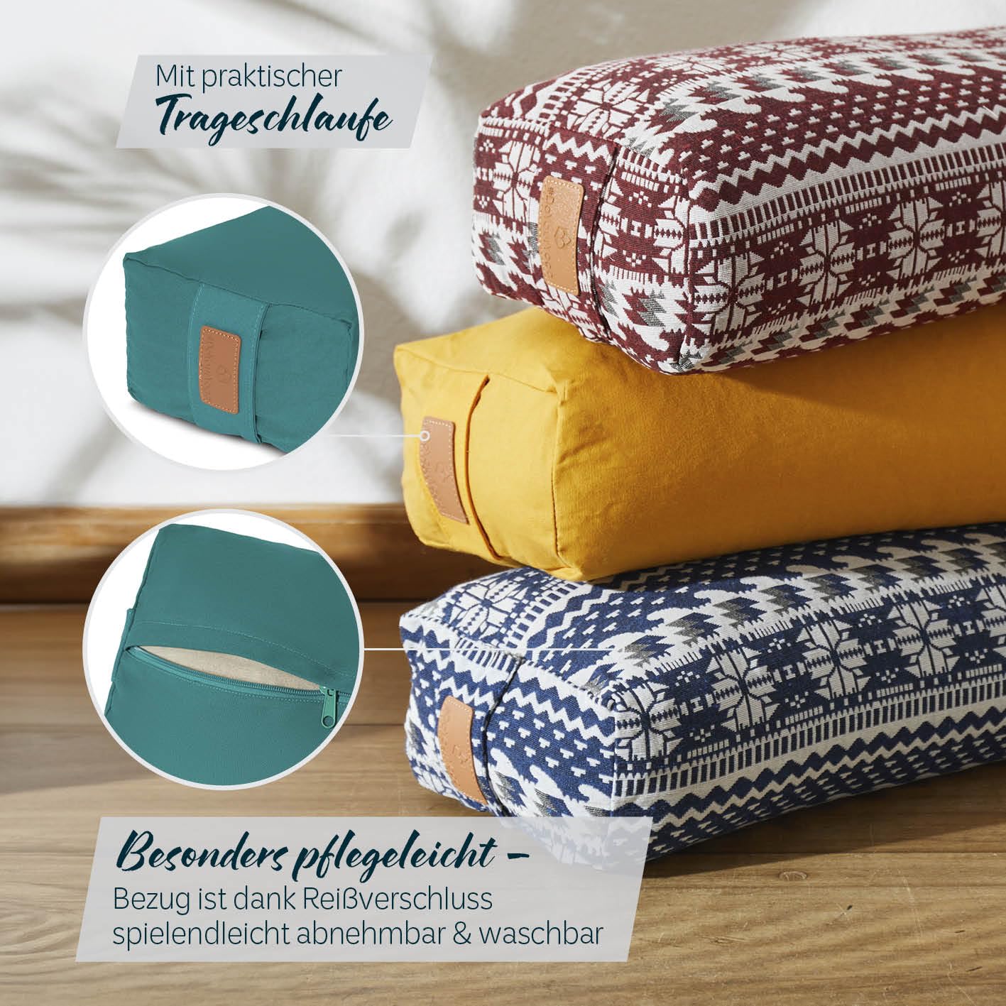 #DoYourYoga Yoga bolster "Paravati" with organic spelt filling, washable cover made of 100% cotton, 67cm x 13cm, yoga pillow/seat cushion/zafu cushion for Yin Yoga - dark green.