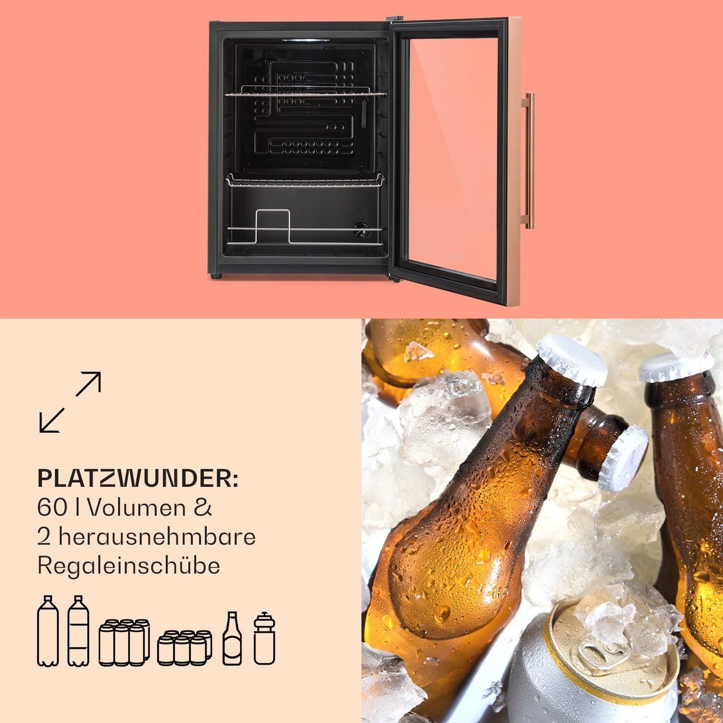 Klarstein Mini Fridge with Glass Door & LED, for Rooms, Beverage Cooler with 2 Shelves, Small, 60L, Indoor/Outdoor, Quiet & Weatherproof, 3-10°C.