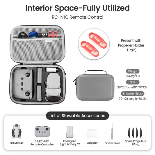 Uvafly Mini 4K Bag, portable storage bag, compact travel bag for DJI Mini 2 SE drone and controller accessories with carrying strap and propeller mounts