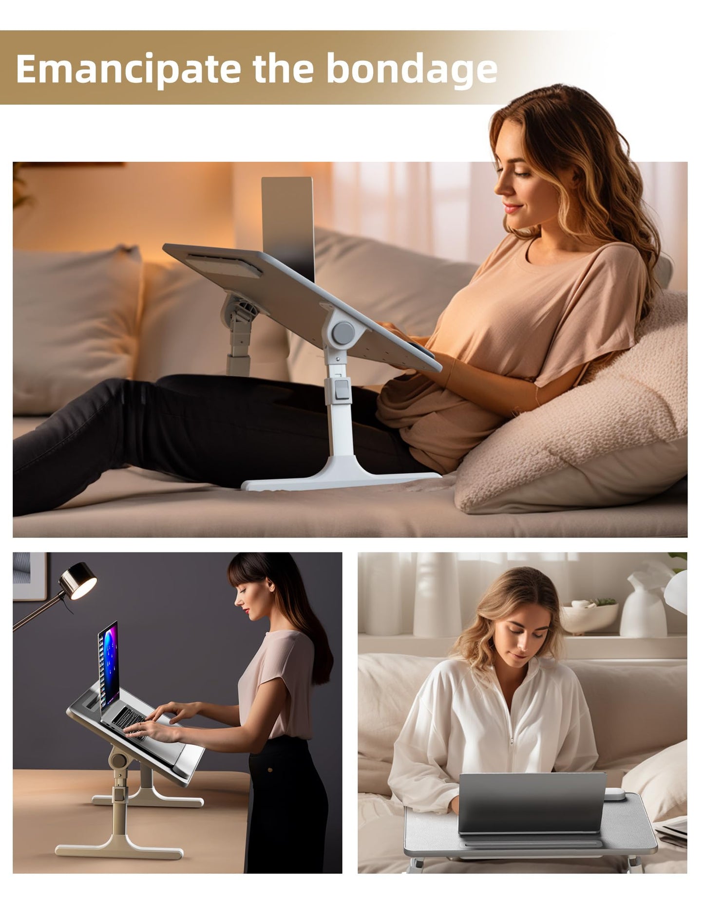 EWX bed desk with folding legs, tablet slot, storage drawer, silicone wrist rest, foldable lap table for eating, working, writing, and drawing.