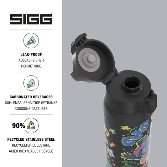 SIGG - Stainless Steel Water Bottle - Shield One Disney Lilo & Stitch - Suitable for Carbonated Drinks - Leak-proof - Lightweight - BPA-free - Sports & School - Black - 0.75L