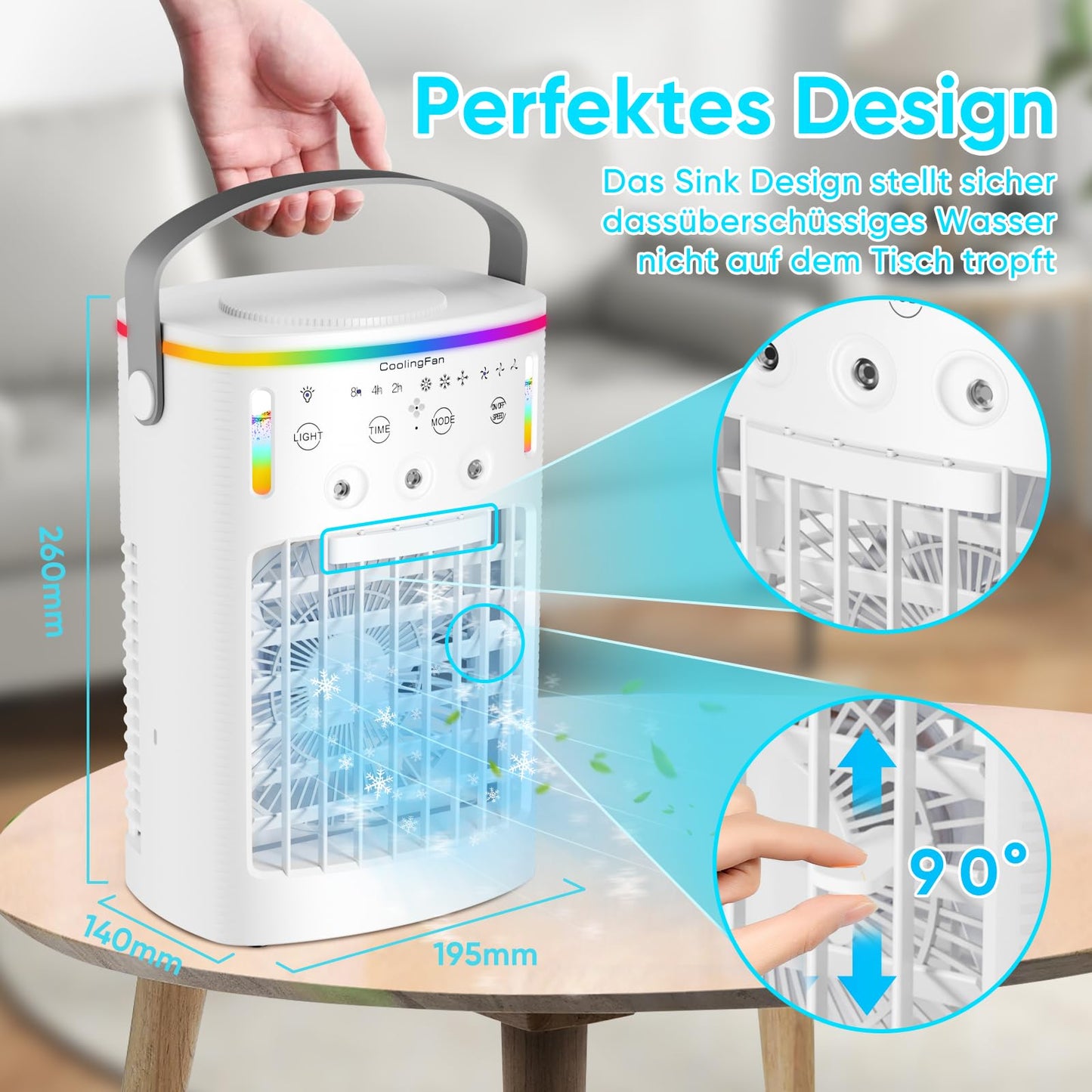 Mobile air conditioner, mini air conditioner for rooms, 4 in 1 air cooler with water cooling 1000ML air conditioning unit without exhaust hose, portable air conditioner with 3 modes & colorful light room cooler for rooms office