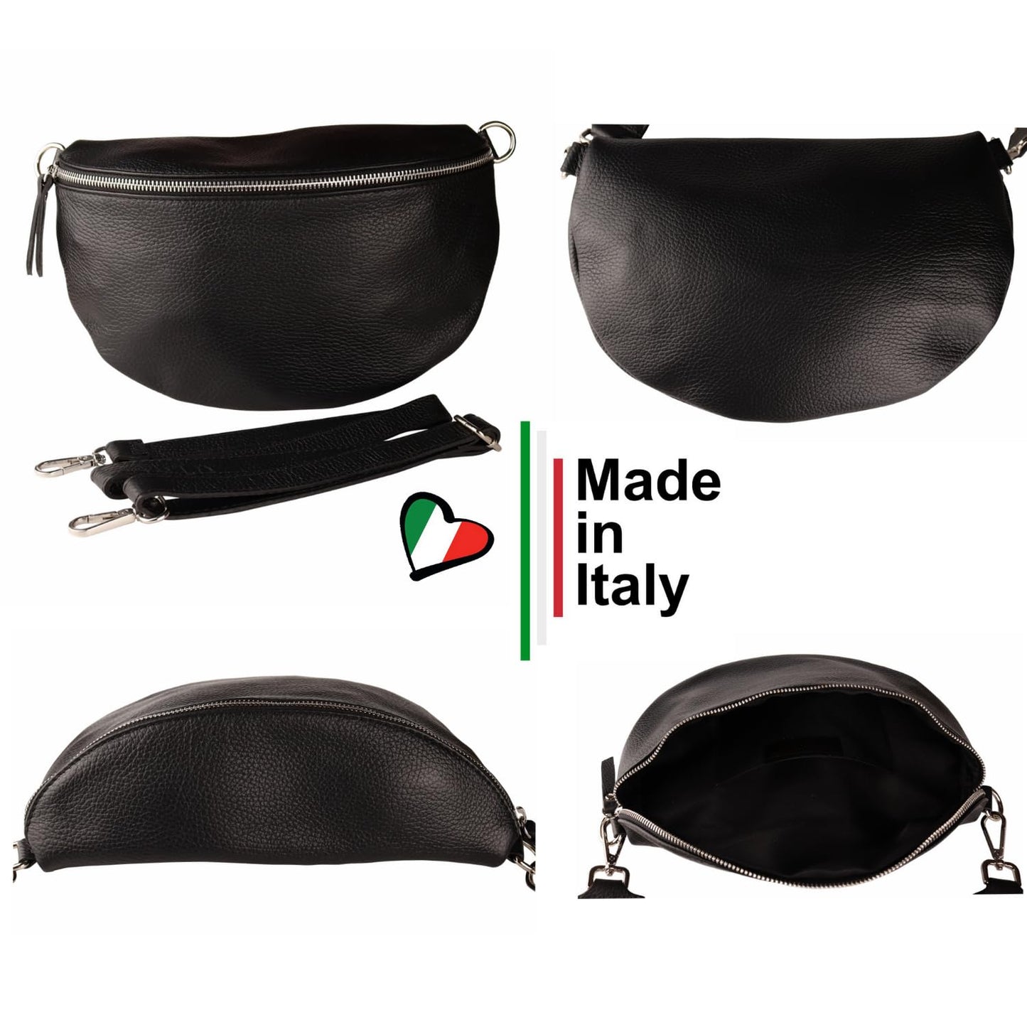 MIRROSI® Waist Bag for women, genuine leather, Made in Italy, shoulder bag, chest bag, crossbody bag (1 bag & 2 straps) (Black (NN Black Beige), Small bag (22x13x6cm))
