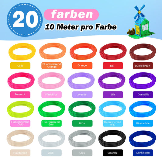 AFXXE 3D Pen filament PLA, 20 colors, 10m each - 3D Pen Filament 1.75mm with templates set for kids & adults, 3D Pen accessory filament with stencils for ODRVM, Tecboss, Lovebay, 3D printer Pen.