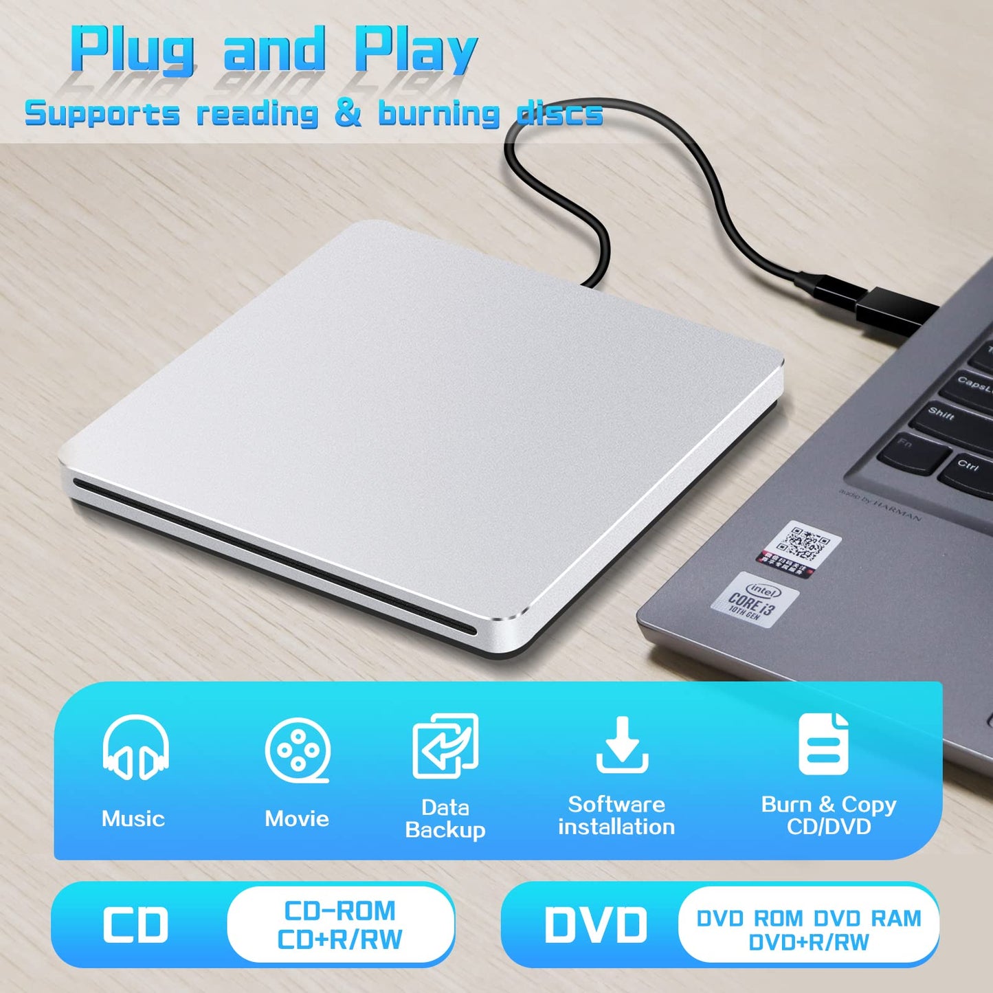 NOLYTH External CD Drive for Laptop, External DVD Drive for Mac MacBook, Slot-in External Optical Drives, Portable USB CD Drive External Burner External Drive for PC Apple Windows Desktop