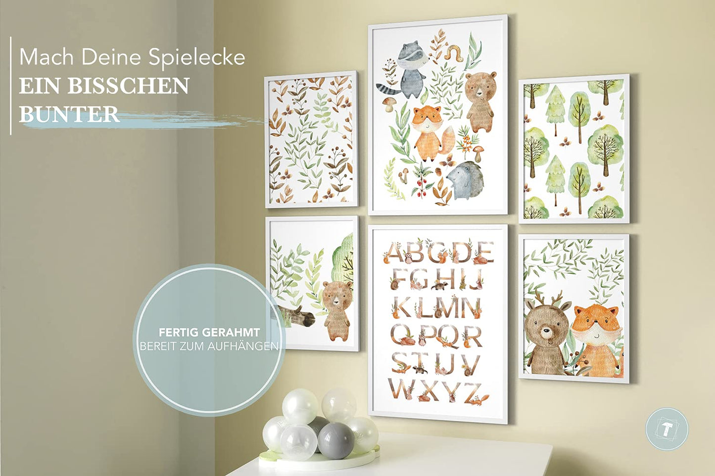 Papierschmiede® Kids Room Pictures Kids Mood Poster Set, Scout Animals, Framed pictures for children's room in white wooden frames, 2x DIN A3 and 4x DIN A4, Forest Alphabet Fox