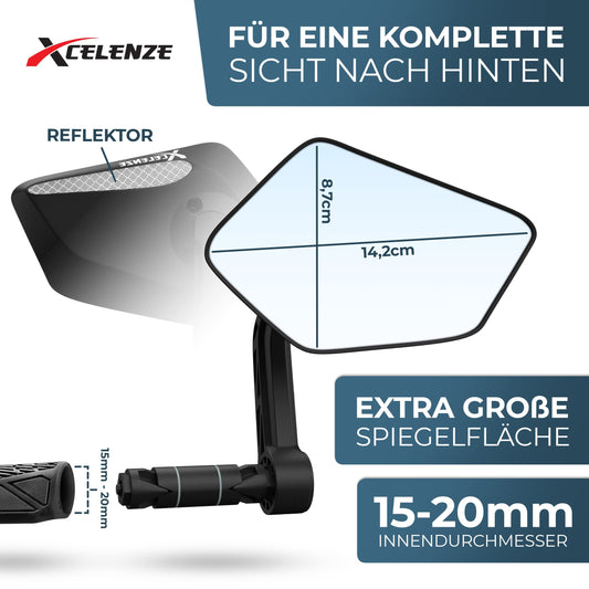 Xcelenze - Bike mirror with extra large mirror surface | impact-resistant real glass | bicycle mirror for handlebars ebike | rear mirror bike mirror for e-bike foldable bike rear mirror (right handlebar end)