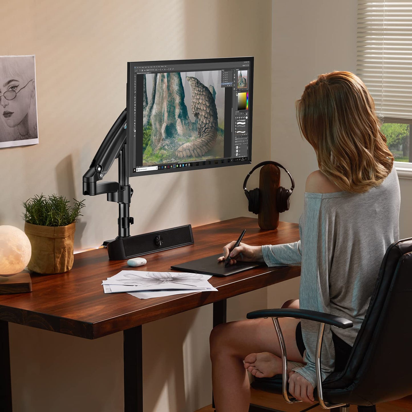 HUANUO 13-34 inch monitor mount for LCD LED screen holds 2-9 kg, gas spring monitor arm, single arm monitor stand VESA 75/100 mm, 360° rotation, 180° swivel