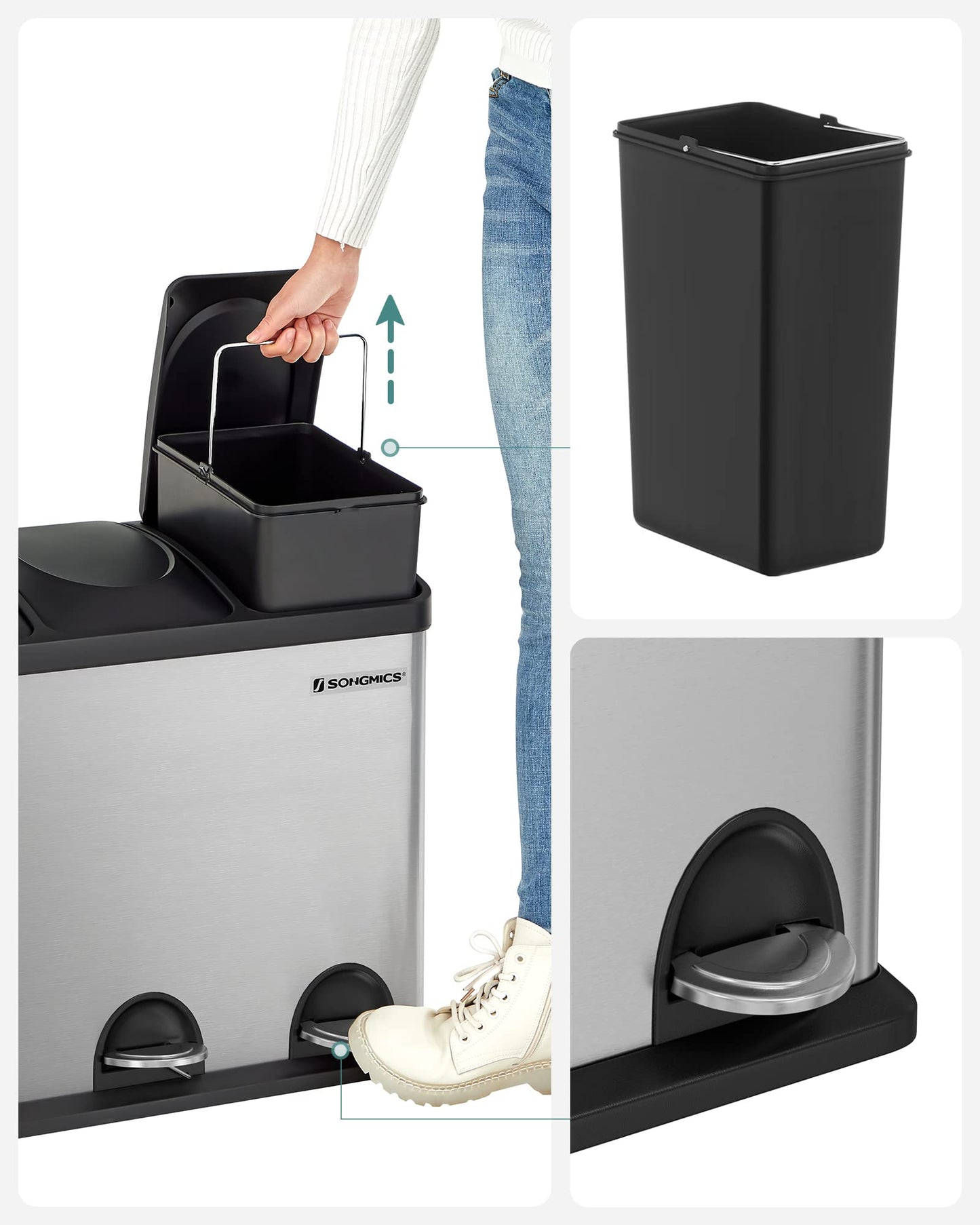 SONGMICS Kitchen Trash Can, Garbage Bin, Step Can with 3 compartments, inner bins and 6 stickers for waste separation, waste separation system, Silver-Black, 60.4 x 30 x 56.3 cm (L x W x H)