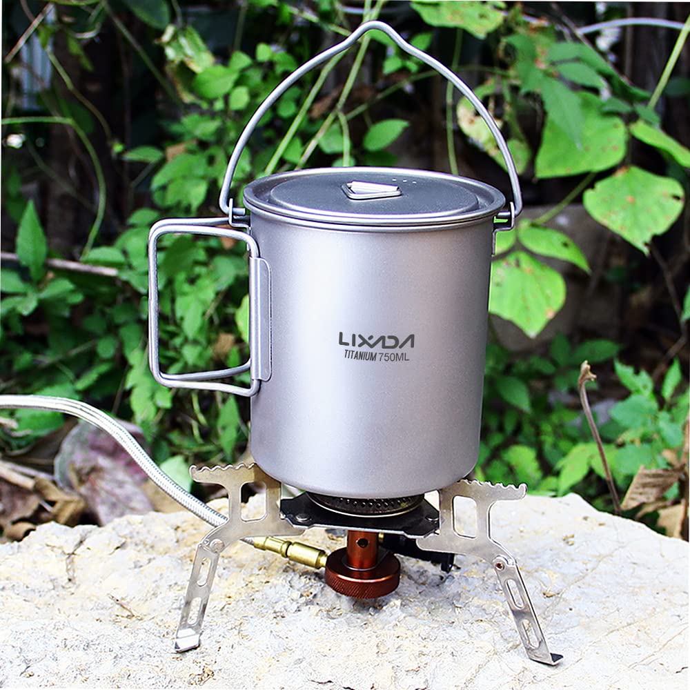 Lixada Ultralight Titanium Pot 750 ml Camping Frying Pan, foldable handle with lid for outdoor portable camping picnic water cup.