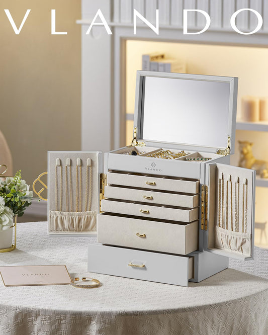 Vlando Jewelry Box Large, French Jewelry Case 6 Levels, Jewelry Organizers Large XXL with Mirror, Drawers, Jewelry Storage for Women, Jewelry Box for Earrings, Necklaces, Watches