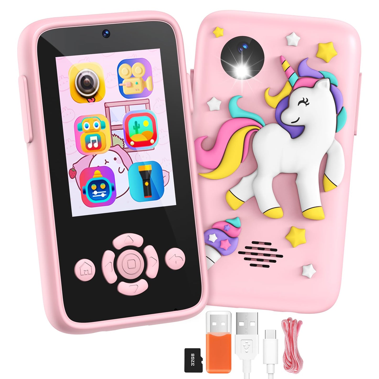 Children's mobile phone with music and games, 2.4" display children's camera with dual camera, 1080P HD children's phone with 32GB SD card, Christmas birthday unicorn gifts toys for 3-12 year old girls (pink)