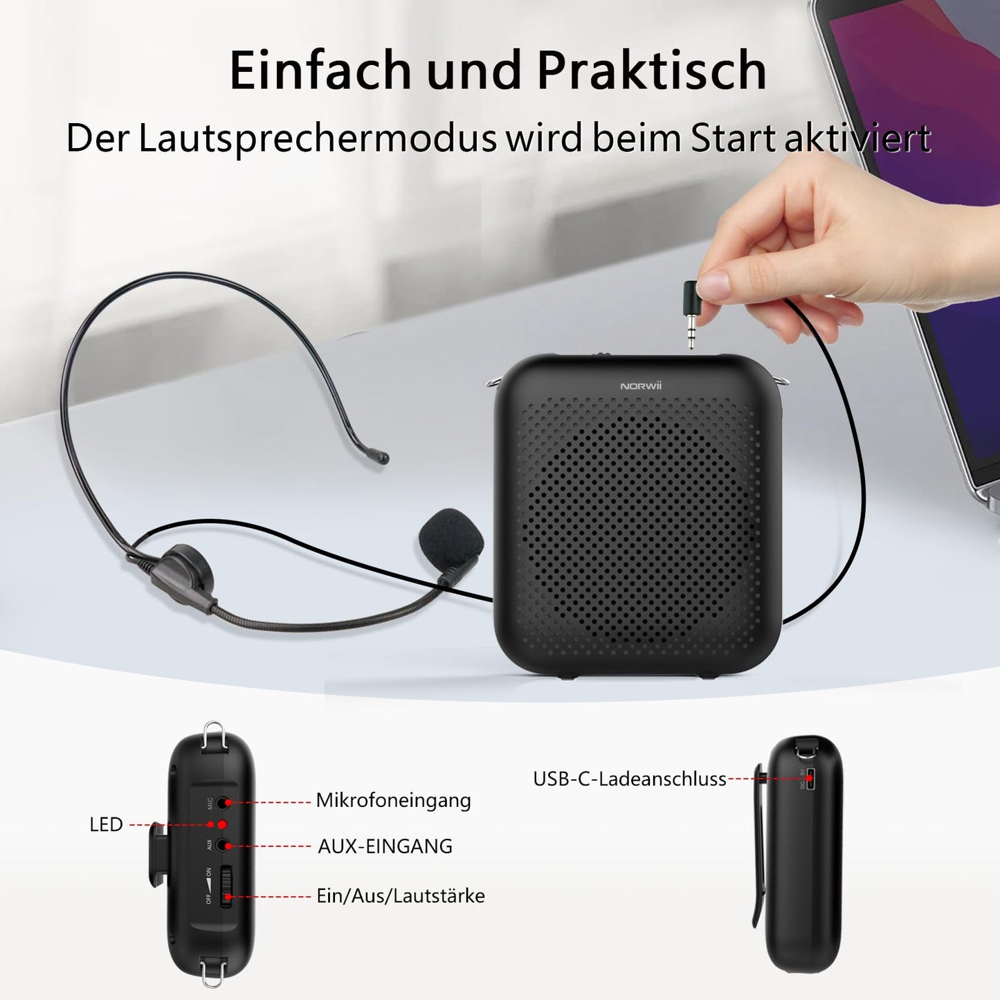 Norwii Language Amplifier, PA Amplifiers, Portable Mini Cable Microphone Headset for teachers in the classroom and outdoor lectures, teaching, tour guides, USB-C rechargeable.