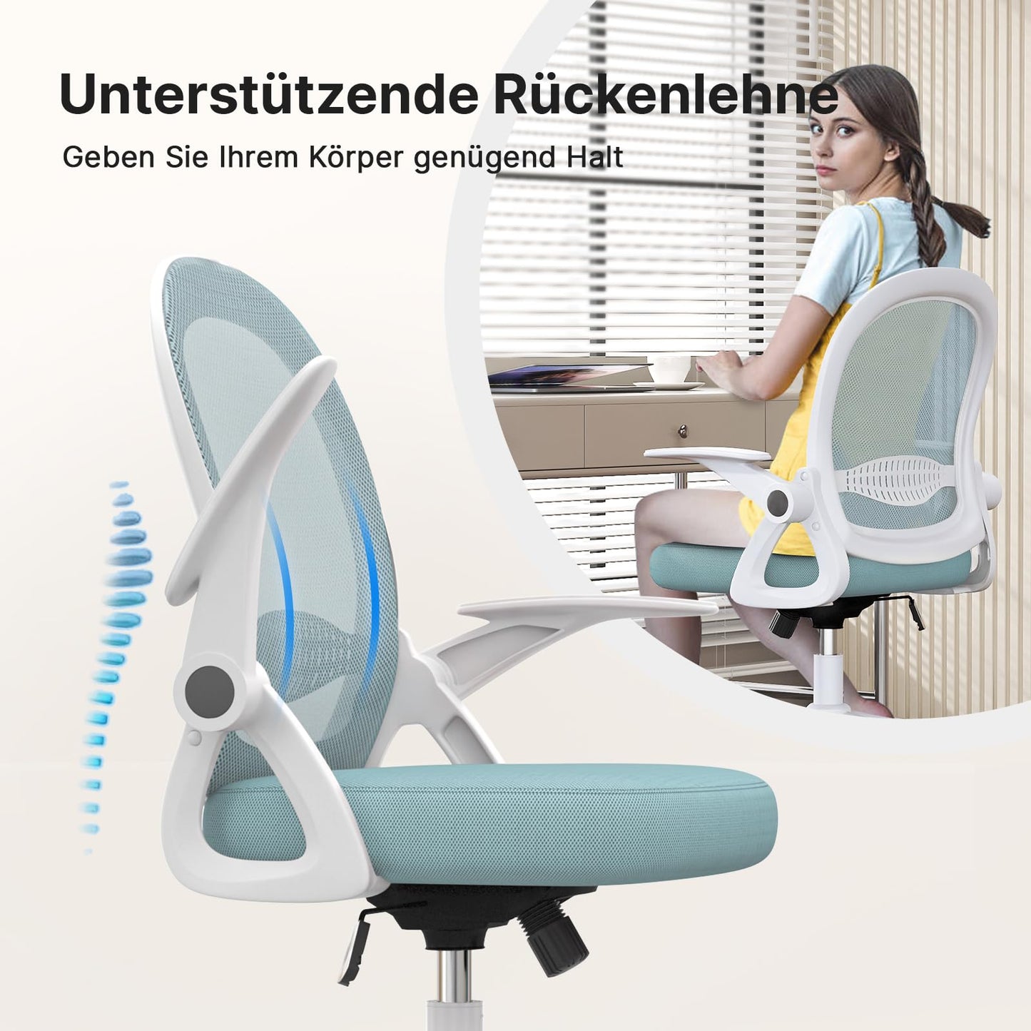 Rattan tree Ergonomic Office Chair, Desk Chair with Breathable Backrest, Height Adjustable, Mesh Chair with Foldable Armrests, Computer Chair, 360° Swivel Chair for Office, Home, Blue