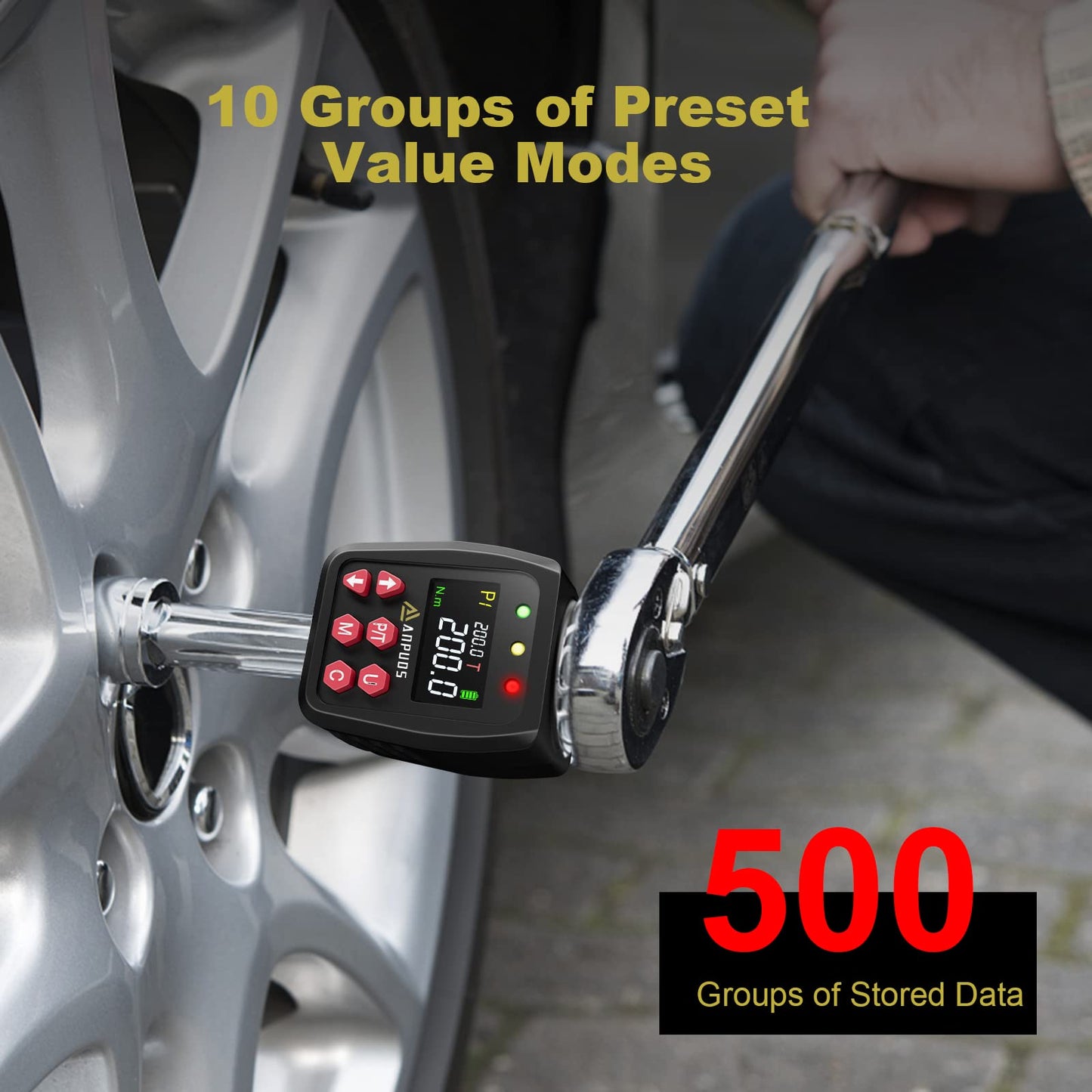 ANPUDS Digital Torque Adapter, 1/2 inch 10-200 Nm torque adapter set with preset, storage, buzzer, LCD display, ± 1% error accuracy, 1/4" 3/8" adapters for car, motorcycle, bicycle.