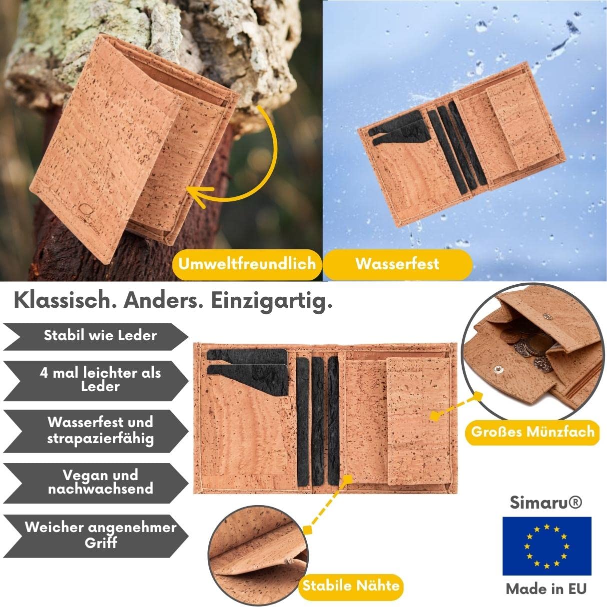 Simaru Cork Wallet for Women & Men, RFID-blocking purse, vegan, sustainable & durable, 5+ card slots with pull tab.