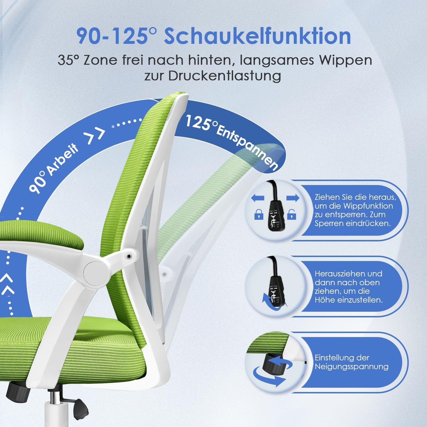 Hinonde office chair, Ergonomic office chair, Height adjustable office chairs, Swivel chair with lumbar support, Desk chair with foldable armrests, Mesh chair with rocking function, Green office chair.