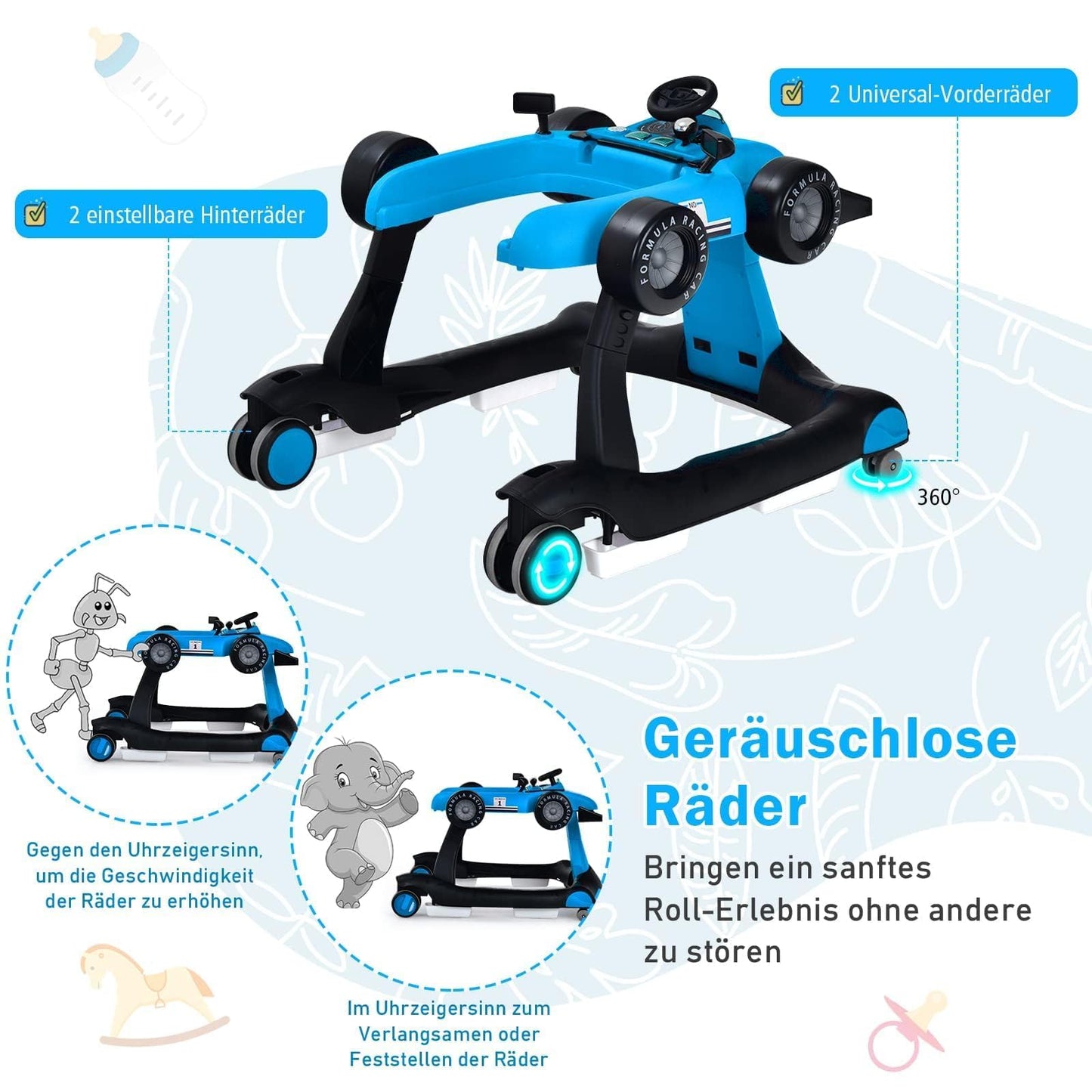 COSTWAY 4 in 1 walking aid, foldable walking cart with adjustable height & speed, car-shaped baby walker with music box, light & wheels, walker for babies from 6 months, load capacity 12kg (blue)