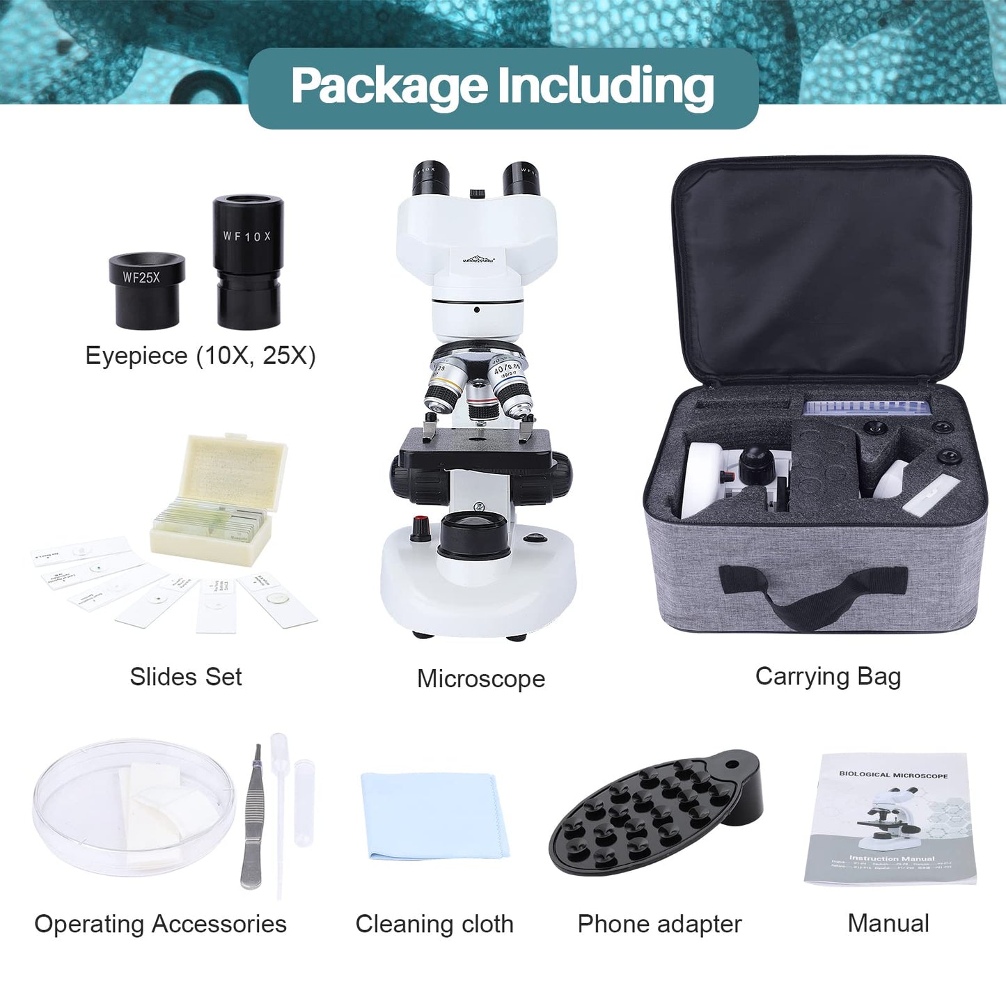 MAXLAPTER Binocular Microscope for Adults Kids, 40X-1000X Compound Microscope with Storage Bag Slides Phone Adapter and Accessories, for Teaching Laboratory Hobbyist Applications