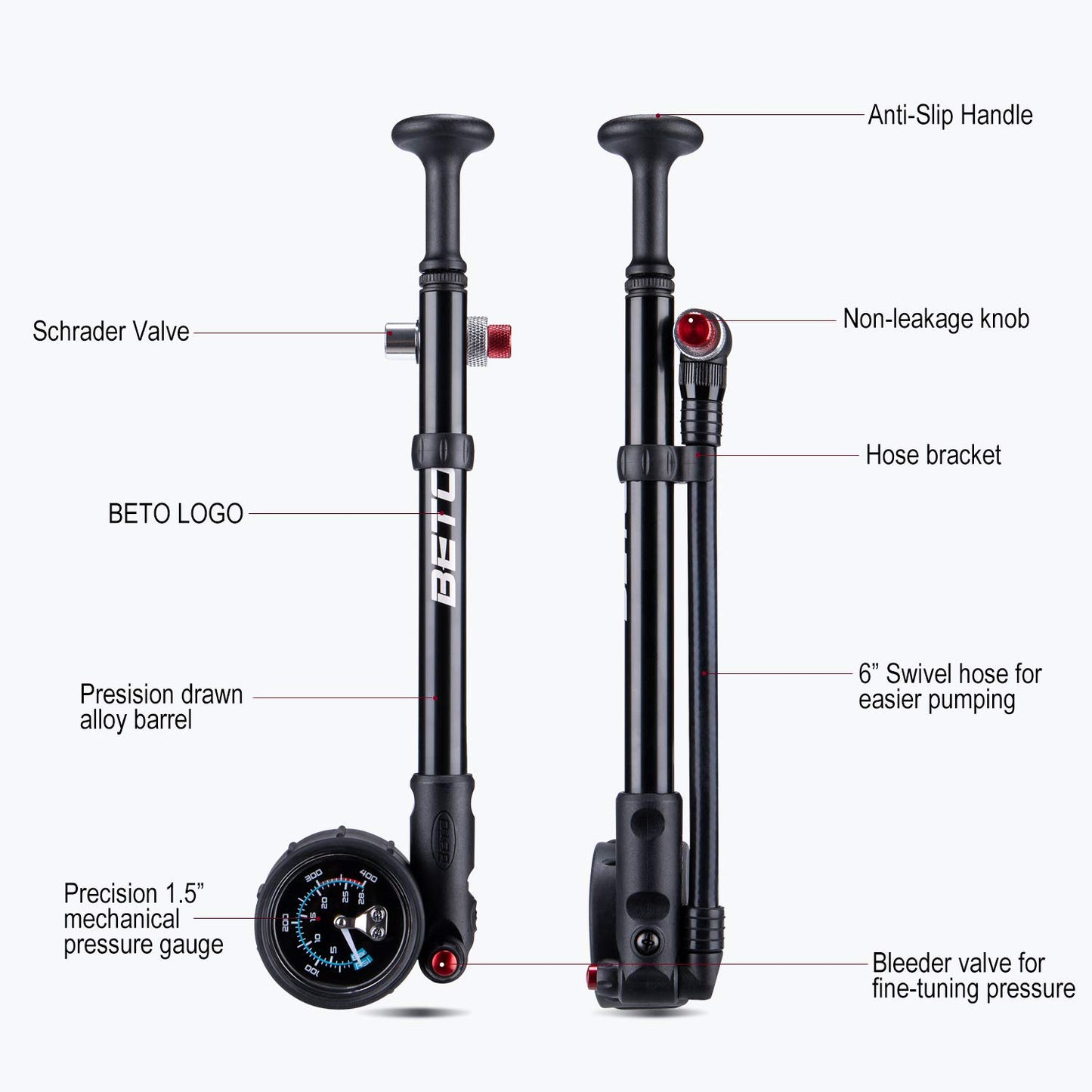 Beto high-pressure shock pump - (400 PSI max) MTB bike shock pump for front and rear suspension with no-loss Schrader valve.