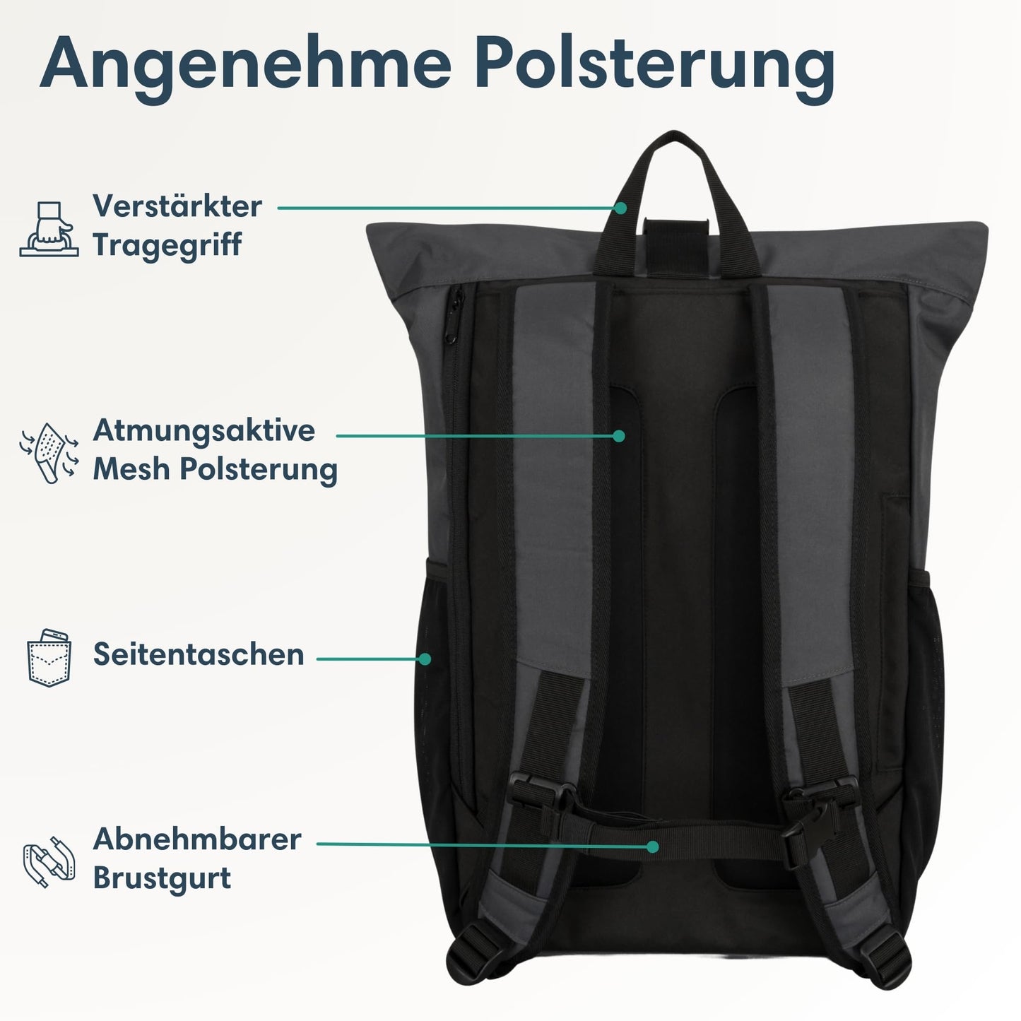 LARKSON Rolltop Backpack Men & Women Large Anthracite - No 2 - Daypack for School, College, Bike - 16 Inch Laptop Compartment for Work - Sustainable - Anti-Theft - Water-Resistant
