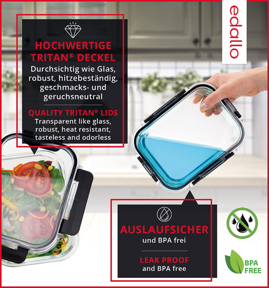 edallo NEW TRITAN - 3 large food storage containers with TRITAN lids & premium glass - airtight, leak-proof. Dishwasher, freezer, oven, microwave safe - storage container set - 3x 1040ml (1L)
