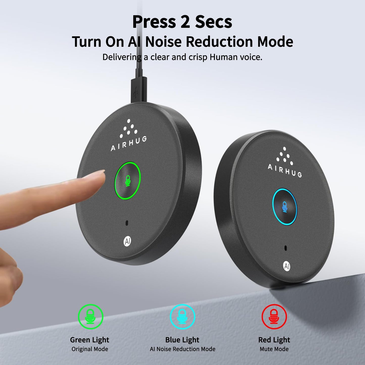 AIRHUG USB microphone, speakerless, desktop computer microphone, mute button with LED indicator, AI noise reduction, plug & play, omnidirectional condenser, PC laptop microphones, for