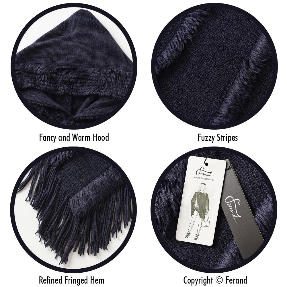Ferand Women's Hooded Poncho, Warm Winter Cape, Striped Shawl with Fringes, Elegant, Navy Blue