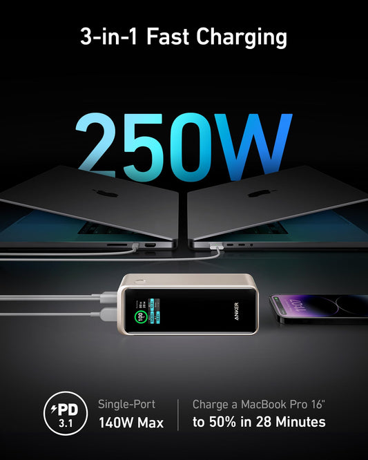 Anchor Prime Powerbank, 27.650mAh (250W) 3-Port Powerbank, With App, Compatible with MacBook Pro/Air, iPhone 15/14 Series, Galaxy, Dell, AirPods, and more (charging dock sold separately) (Gold)