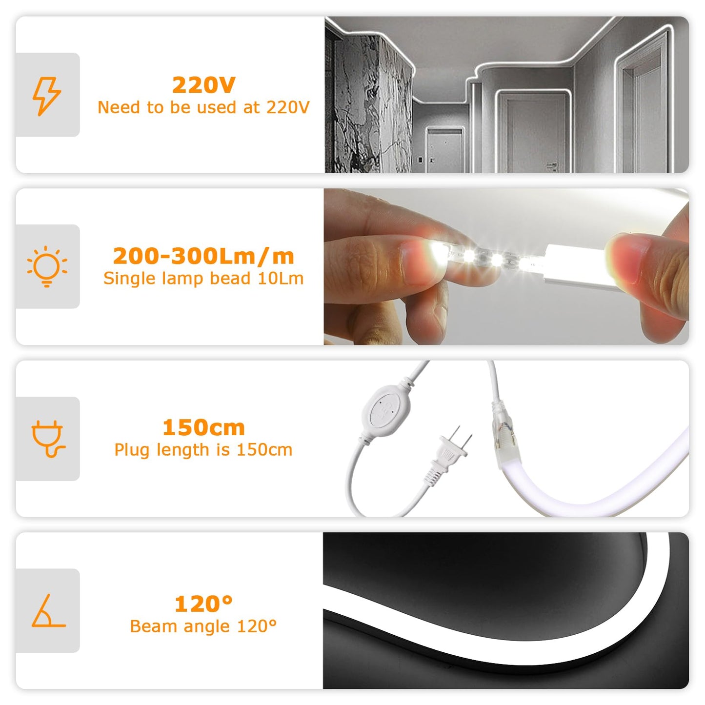 SUCIKORIO Neon LED Strip 20m, Waterproof Flame Retardant IP65 Led Strip Natural White 4000K 230V Leds String Lights Outdoor 120 LED/M Flexible DIY Light Band Outdoor Area with Power Supply for Home, Party, Kitchen