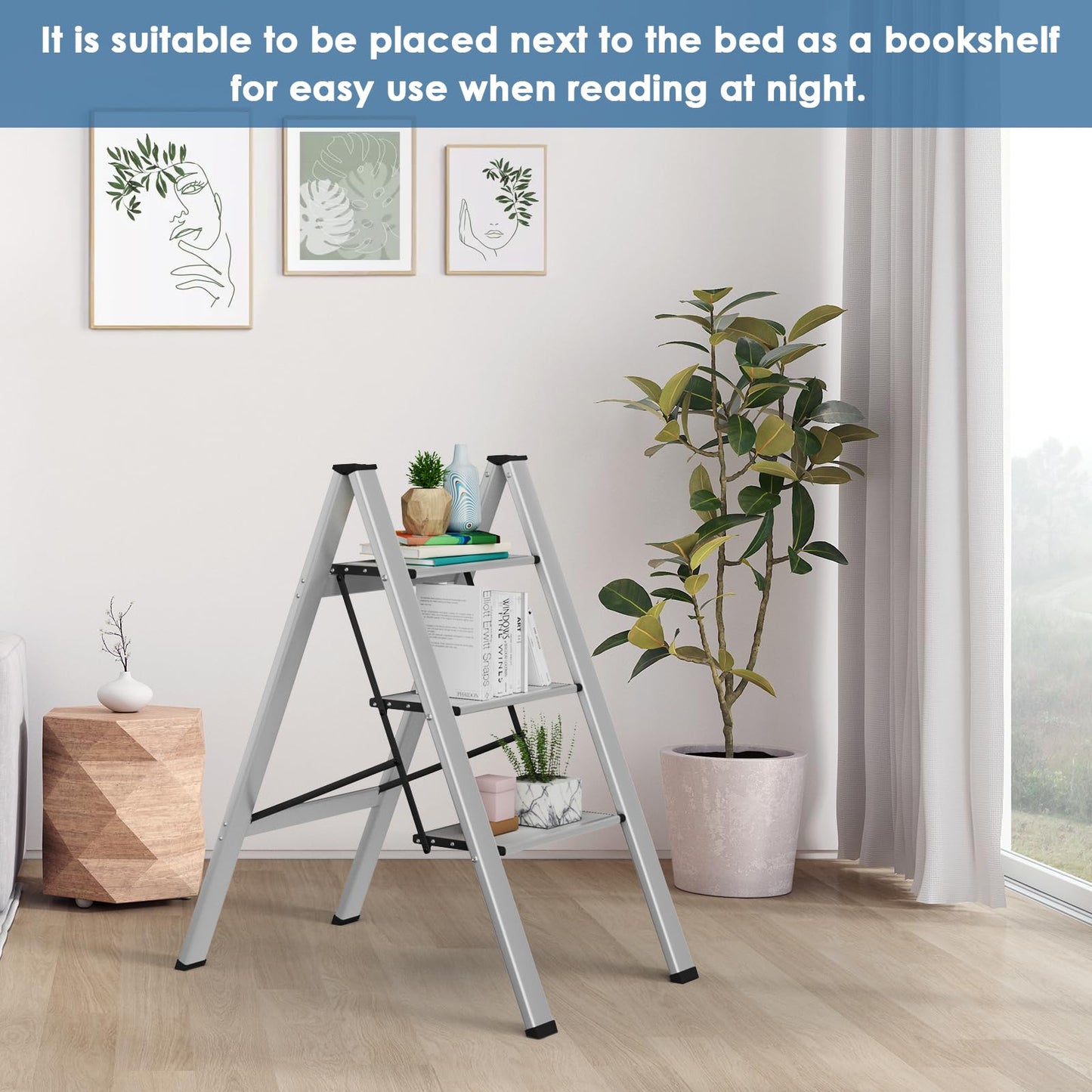 TLGREEN Aluminum Step Ladder 3-step Foldable Ladder Non-slip Standing Ladder Household Ladder Multifunctional Step Stool Easy to Store up to 150kg Load Capacity for Kitchen Household Outdoor Office Silver