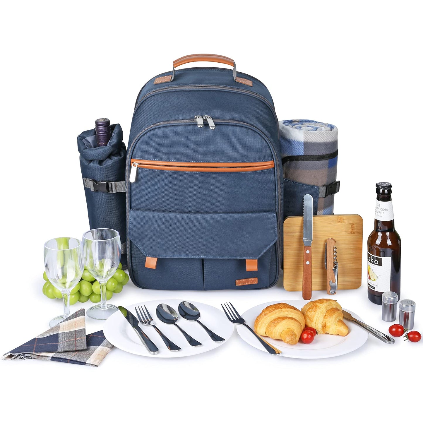 Sunflora Picnic Backpack Set for 2 with Insulated Cooling and Blanket, 2 Person Picnic Basket for Family Camping Outdoor (Navy)