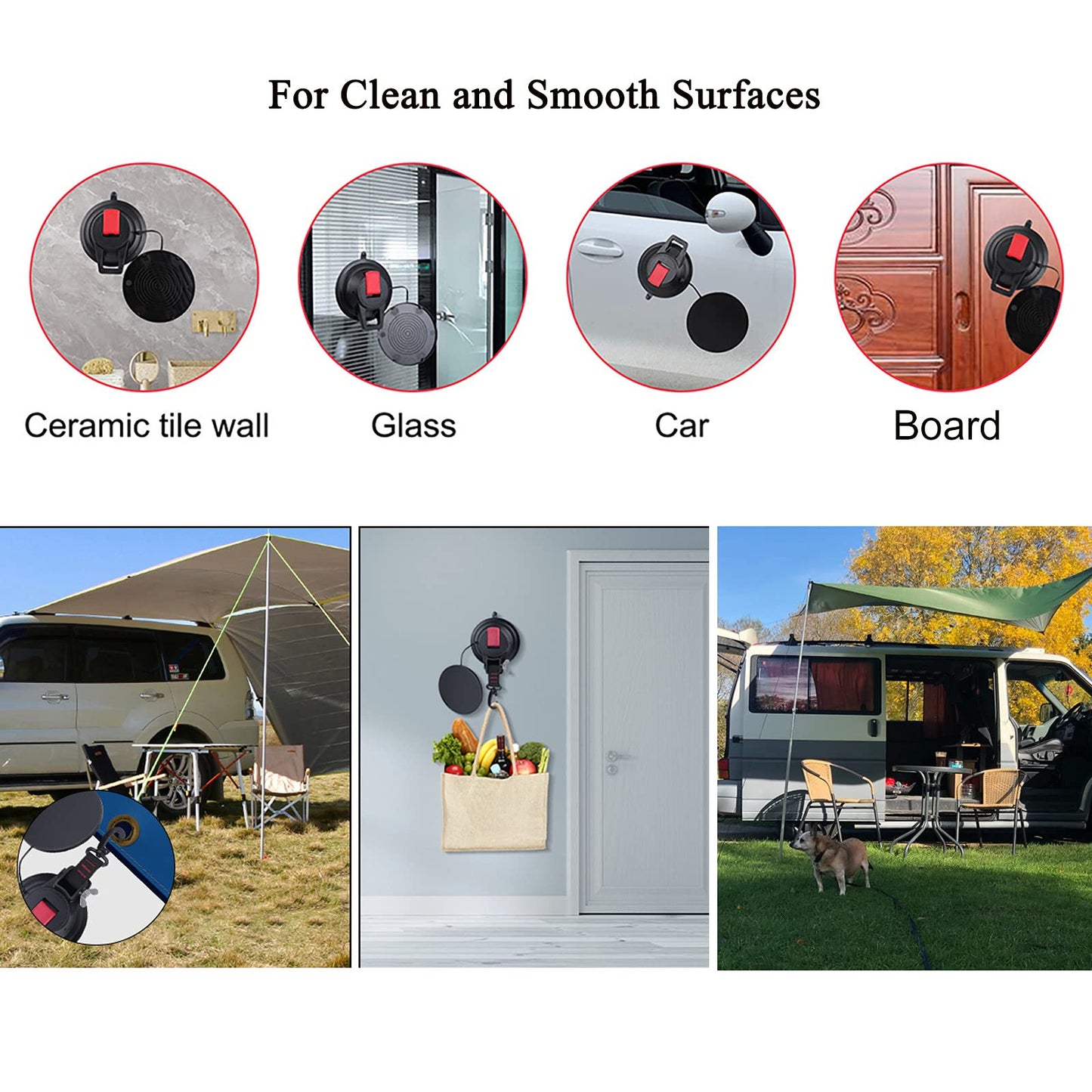 Suction Camping Set, 2 x Suction Cup Anchors Suction Hooks Extra Strong up to 20 KG - Car Tensioner Multifunctional Suction Cup Holder with Fastening Hooks for Camper, Household, Workshop