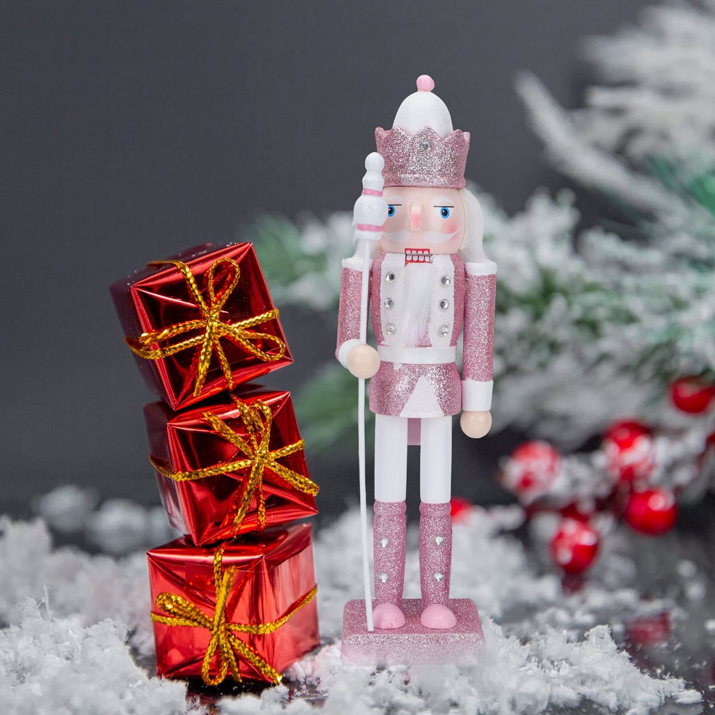 Veemoon Pink Christmas Nutcracker with Cane 30.5 cm Handcrafted wooden nutcracker for home party tabletop shelves Christmas figure decoration