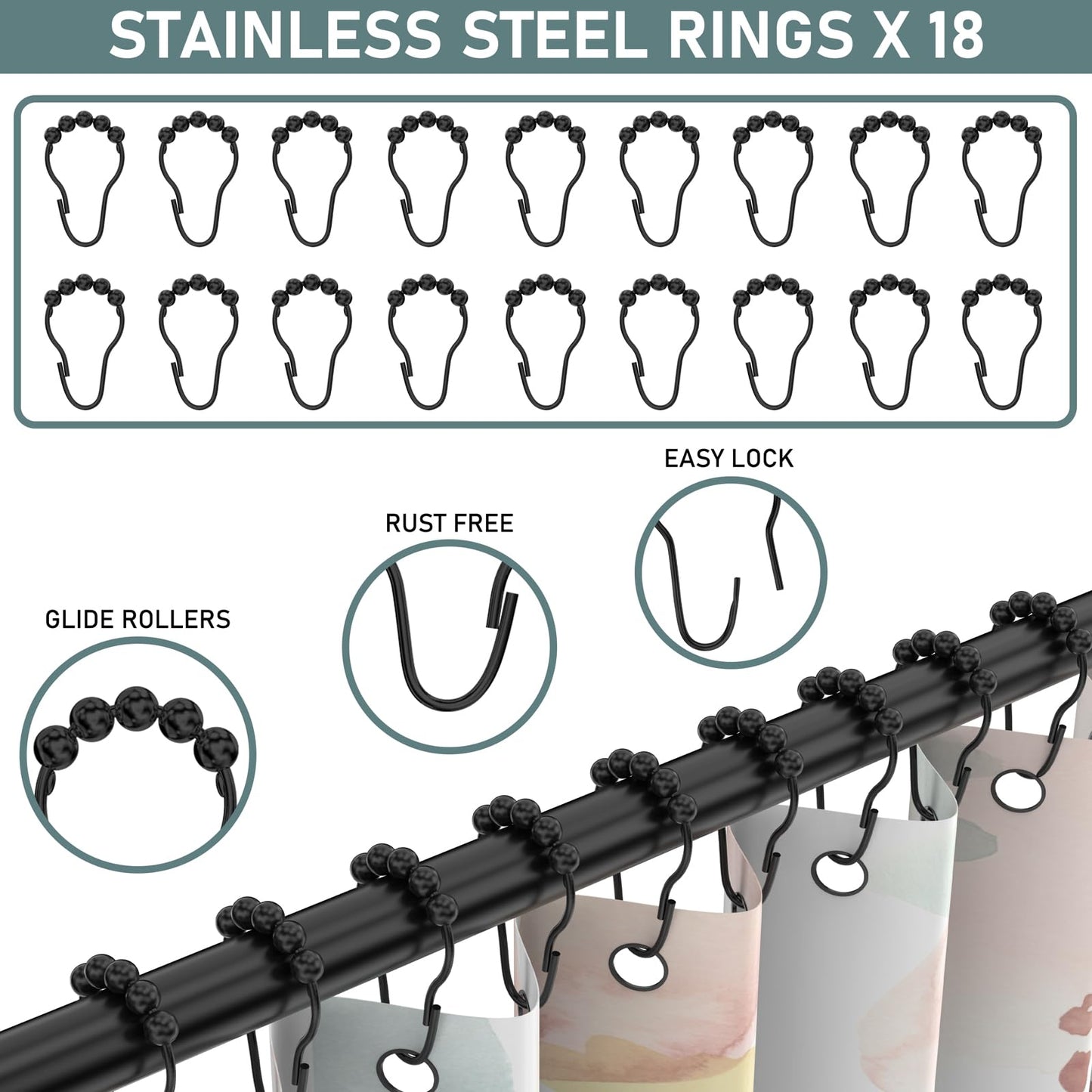 Shower curtain rod L shape adjustable 70-100 Γ 110-170 cm, with 18 stainless steel rings, corner shower rod made of SUS 304 stainless steel, drill installation, suitable for bathtub & bathroom, Black