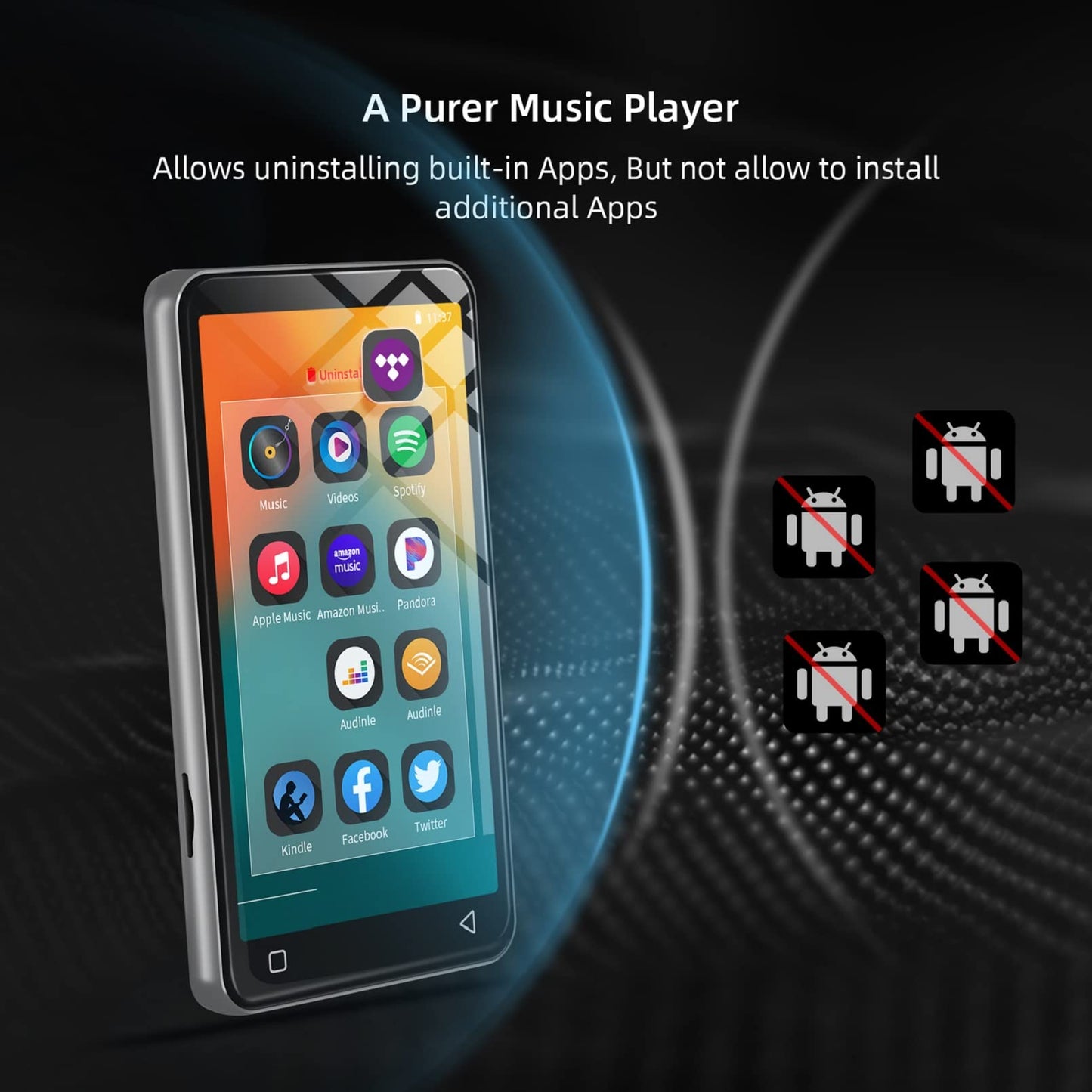 MP3 player with Bluetooth and Wi-Fi, 4" MP4-MP3 player with full touchscreen and Spotify, Android streaming music player with Pandora, portable HiFi sound, digital audio player with speaker white.