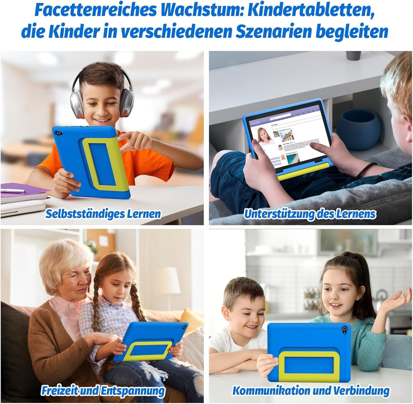 Freeski Kids Tablet 10.1 inch, Android 14 tablet for kids with parental control app, 8GB+64GB+1TB expandable storage, 5MP+8MP cameras, 5000mAh battery, Wi-Fi 6, Bluetooth 5.0, Type-C (Blue)