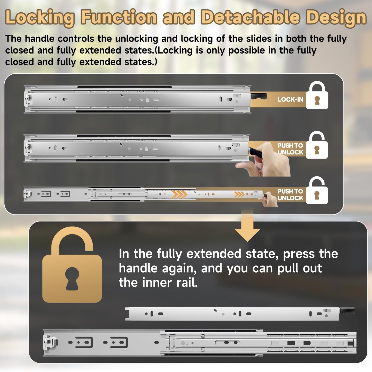 AOLSHENG drawer slide full extension 900 mm, Heavy-duty drawer slides with lock 50 kg load capacity, 1 pair (2 pieces)