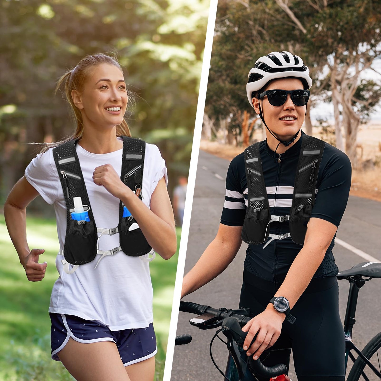 Running vest for women and men. Reflective hydration pack with 2 x 500 ML, adjustable chest straps, soft water bottles, front and back zipper backpack for cycling, hiking, running, outdoor activities.