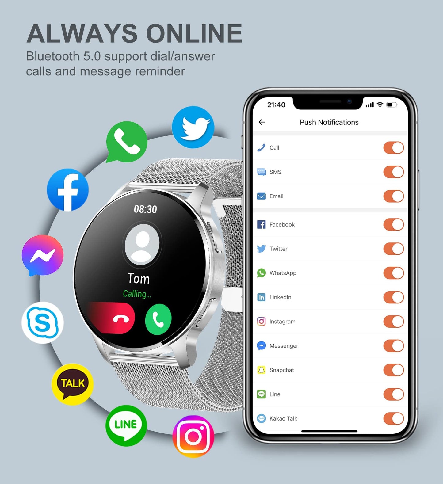 Iaret Smartwatch, 1.32 inch round wearable with phone function, personalized screen, music control, heart rate monitor, step counter, calories, etc. IP68 waterproof fitness tracker.