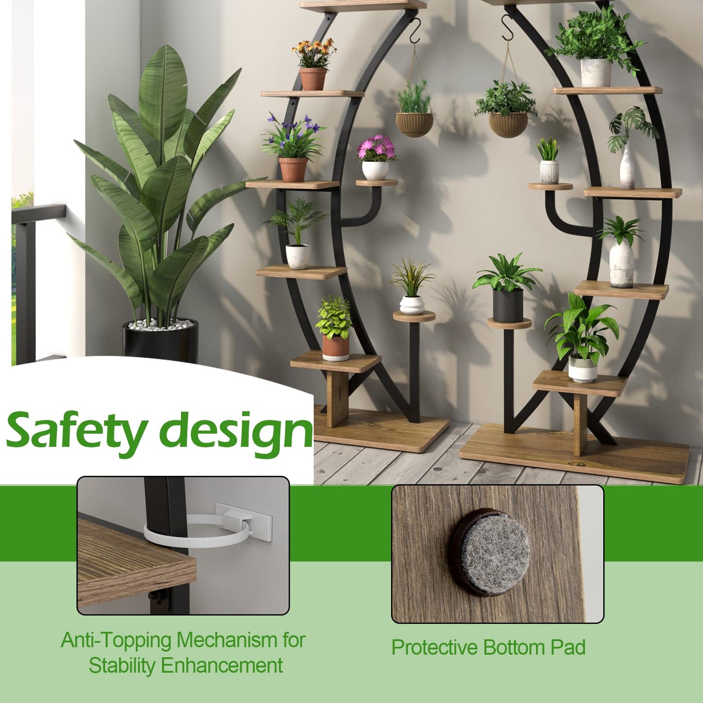 COMFOTTEU 5-tier Plant Stand, Metal Plant Pot, Plant Stand with Tilt Protection, Plant Holder with 7 Tiers & 1 Hook, Display Stand for Patio Garden Balcony, Black (2 Pieces)