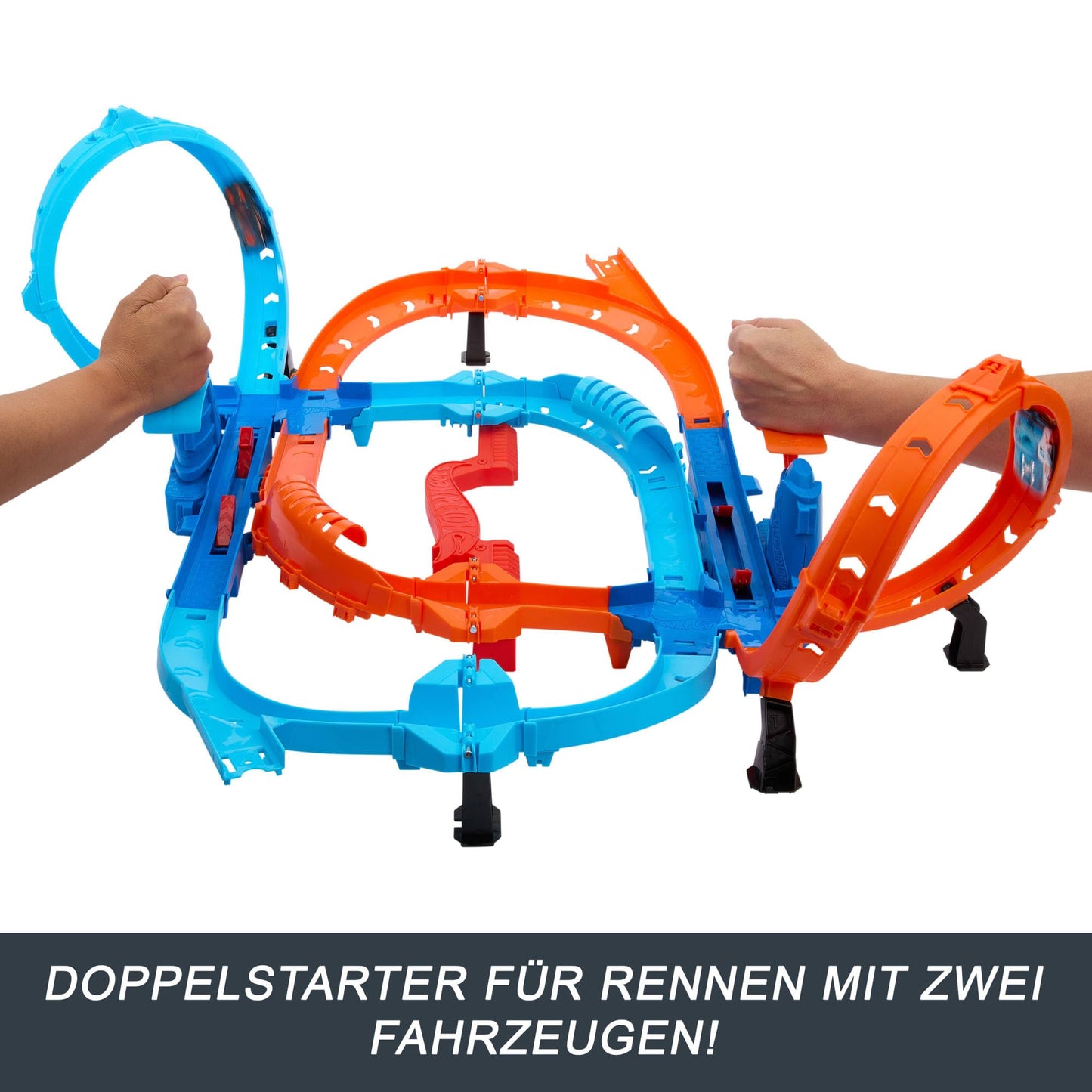 Hot Wheels toy car trackset, Ultra Hots high-speed racing start with 2 vehicles in 1:64 scale, head-to-head racing and stunts, 2 manually operated starters, HXR71.