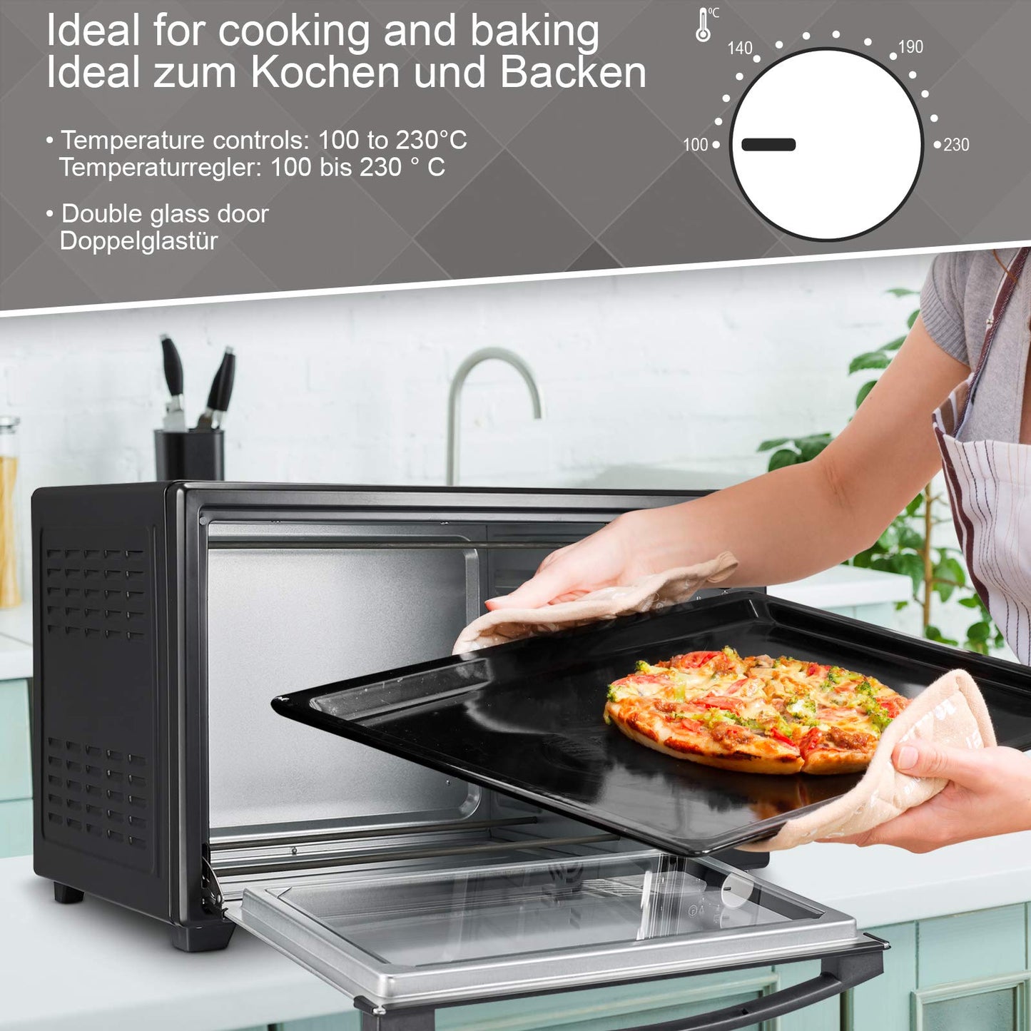 Jago® Mini Oven - with convection, rotisserie, interior light, Electric, 48L, 6 cooking modes, 2000W, Timer, 100-230 °, double glazing, Black - Mini Oven, Mini Electric Oven, Oven, Grill-Oven