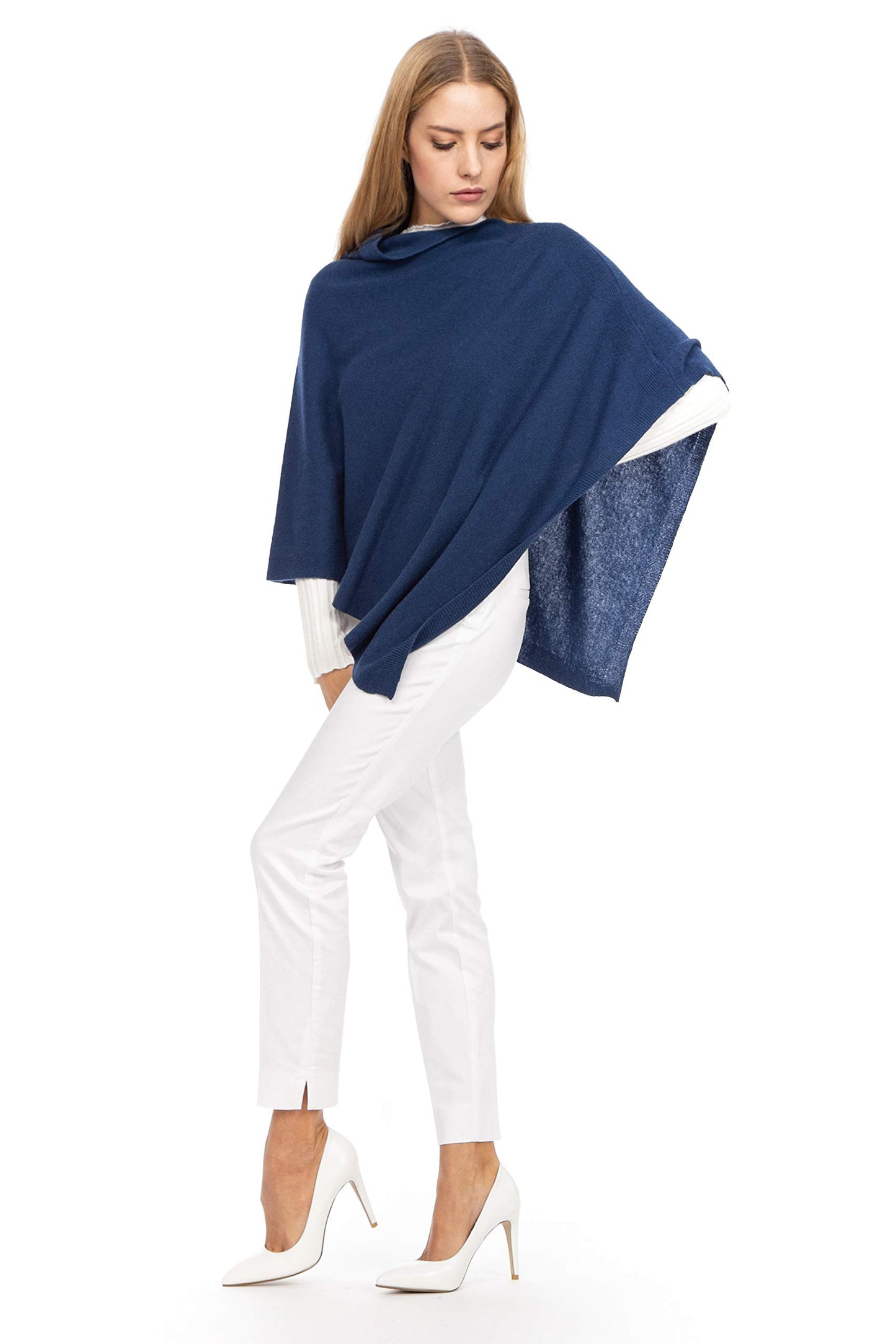 Navy Cashmere - Women's cashmere blend poncho, delicate and soft, made from cashmere (Navy Blue)