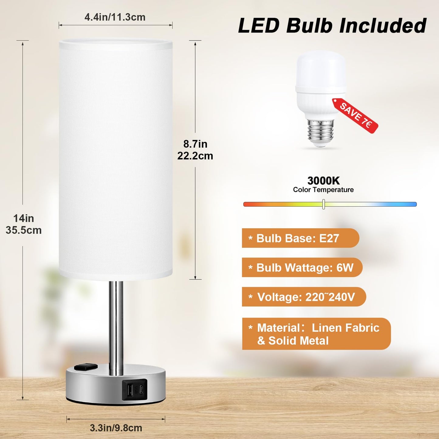 Kakanuo bedside lamp with touch dimming, table lamp with USB A+C+socket charging function, lampshade made of linen fabric, lamp for bedside living room bedroom children's room office (includes bulb)